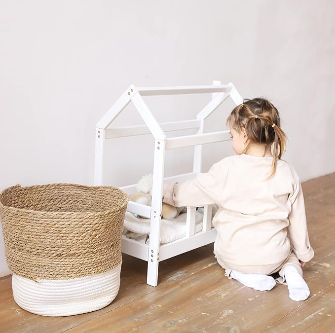BUSY WOOD Wooden Doll Bed Pair to Toddler Bed Frame - Bedroom Furniture for Girl - Dolls Bed Pretend Play - Montessori Furniture - White Color Bed - Color Variation