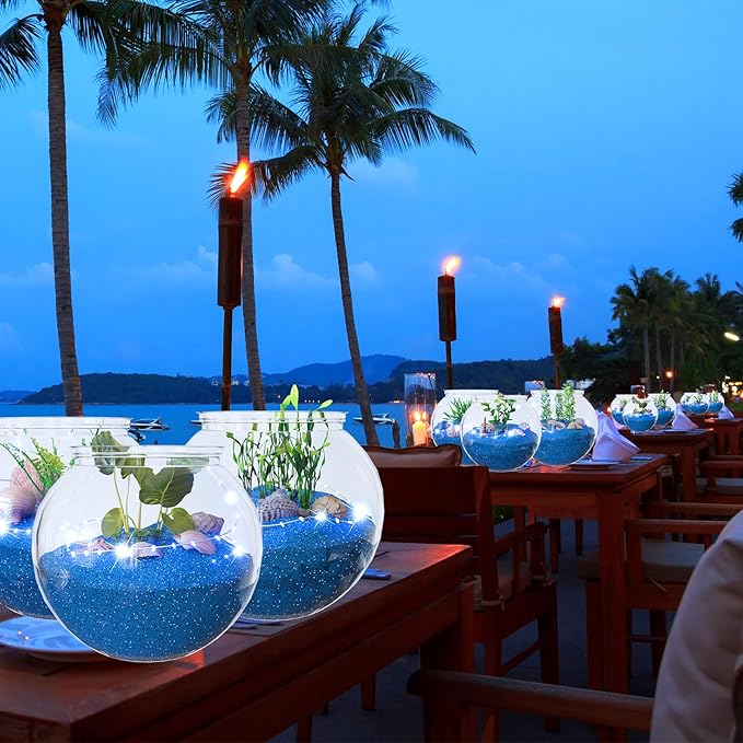 12 Set 30 oz Plastic Fish Bowl for Centerpieces Beach Sea Nautical Party Decorations, Plastic Fish Bowls with Blue Lights, Fake Sea Grass and Blue Sand(with Sand)
