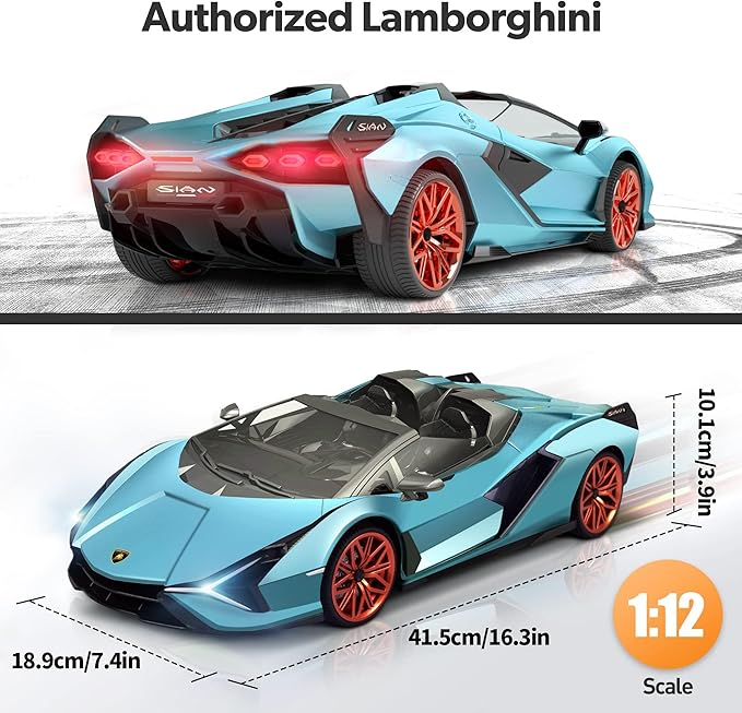 MIEBELY Lamborghini Remote Control Car, 1:12 Scale Lambo Toy Car 2 X 7.4V 900mAh Officially Licensed 12Km/h Fast Rc Cars with Led Light 2.4Ghz Model Car for Adult Boys Girls Birthday Ideas Gift - Blue