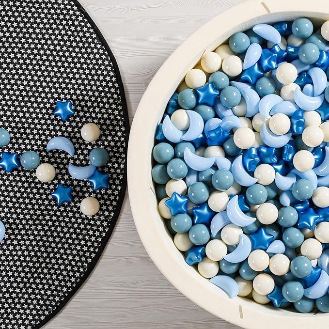 GOGOSO Ball Pit Balls Stars Moon Shapes Plastic Pitballs for Toddler Play Tent Baby Photo Props Kids Pool Water Toys Kiddie Pool Party Decor, Pearl Blue+Cream Blue+White,200PCS