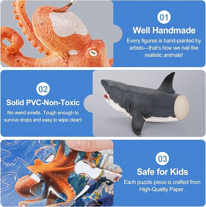 14PCS Realistic Ocean Sea Animals Coral Toys with 20" Floor Puzzles for Kids, Kids Ocean Animals Toys Including Shark,Octopus,Starfish,Sea Turtle for Toddler Boys Girls, Birthday Gifts