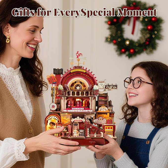 DIY 3D Wooden Puzzles for Adults,Dessert Atelier Electrically Powered – Movable Dessert & Coffee Lines Dollhouse Kit with LED Arts and Crafts for Home Decor Creative Gift for Boys Girls