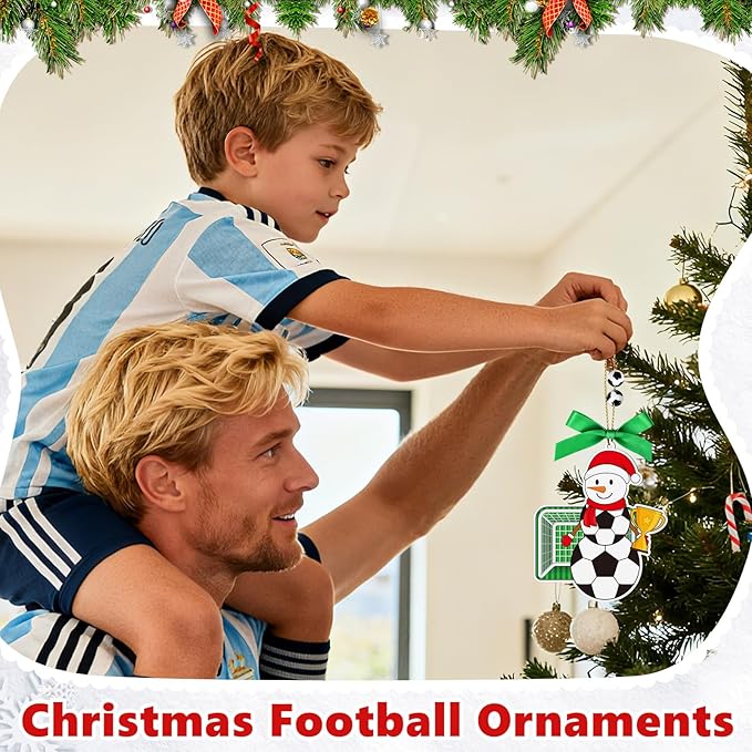 4.3 Inches Snowman Soccer Christmas Ornament, Wooden Soccer Snowman Tree Ornament Hanging Decoration for Rearview Mirror, Window, Eaves, Fireplace and Home Holiday Party Decor