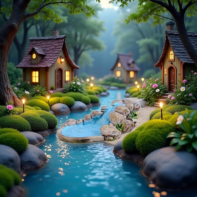 Blue DIY Miniature Water Pool Fairy Garden Decor - Antique European Manor Style Mini Pond Landscape Ornament for Dollhouse Village and Outdoor Crafts