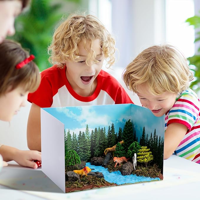 codree 65 Pcs Jungle Diorama Kit Habitat Project Box Set, Cardboard Diorama Box Animals Model Scenery Kit, Animal Figurines Rainforest Diorama Supplies for DIY Crafts Birthday Gifts Party Favor