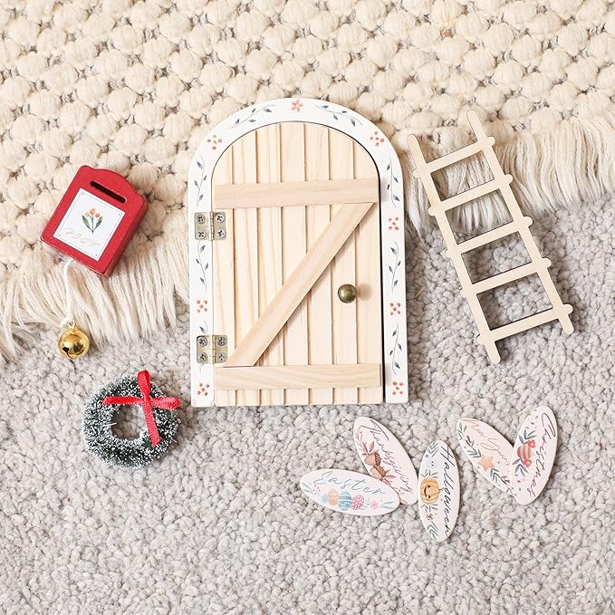 Mamimami Home Festival Wooden Little Magical Fairy Door, Elf Miniature Tiny Door with Ladder and Wreath, Tooth Fairy Door Handmade Christmas Decorations