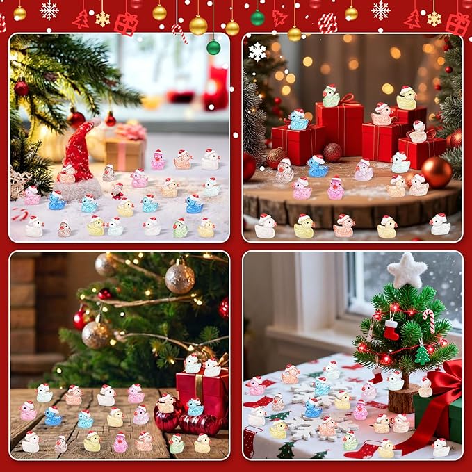 160PCS Luminous Mini Glitter Ducks Christmas Colorful Tiny Resin Ducks to Hide Miniatures Figures for Prank Xmas Goodie Bag Fillers Party Decor