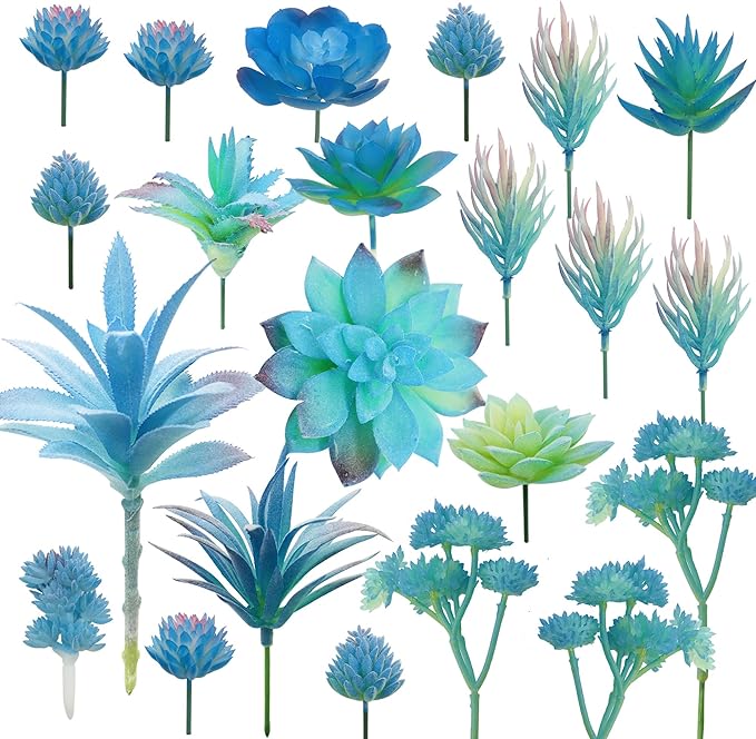 Cayway 21 PCS Artificial Succulent Plants, Blue Fake Succulent, Unpotted Faux Succulent Assortment in Flocked Blue in Different Type for Birthday Home Decor Indoor Wall Garden DIY