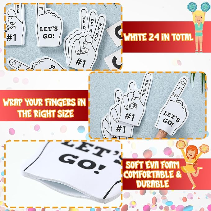 Sinmoe 24 Pcs Mini Foam Finger Baseball Fan Mini Foam Finger, We're #1 Sports Themed Party Supplies for Baseball Hockey Football Basketball Events Team Gifts(White)