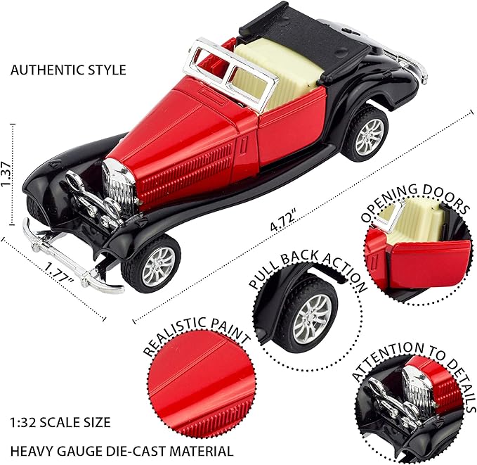 6 Pack - Diecast Cars Antique Classic American Vehicles with Pullback Action and Openable Doors, Collectible Vintage Retro Model Cars Toy for Display and Gifts for Kids (1:32 Scale)