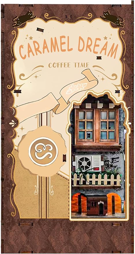 Book Nook Kit-DIY Dollhouse Kit Wooden Miniature Studio with Dust Cover Bookshelf Decor 3D Puzzle Book Nooks for Adults to Build Gift (Caramel Dreams)