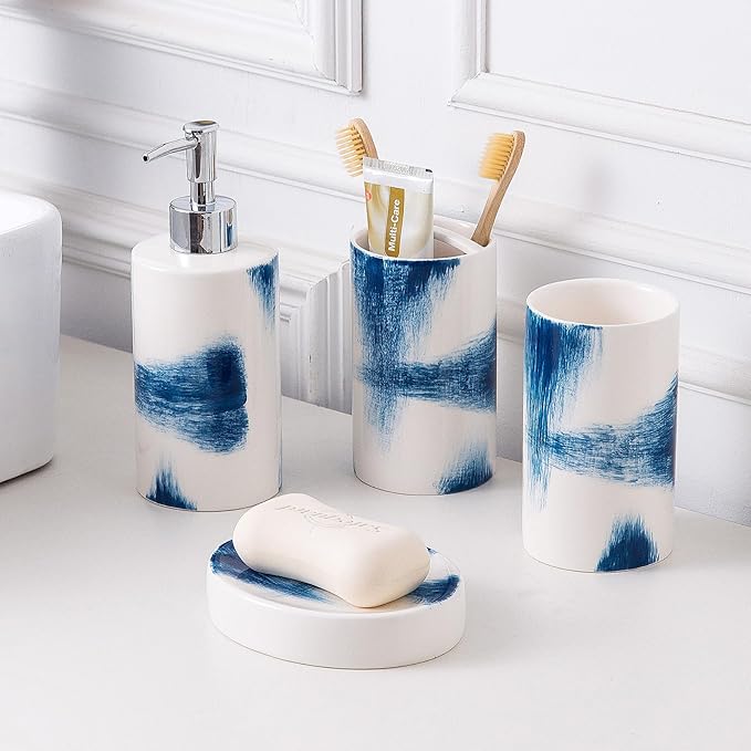 4 Piece Painted Ceramic Bathroom Accessory Set, Includes Soap Dispenser Pump, Toothbrush Holder, Tumbler, Soap Dish Sanitary, Ideas Home Gift for Ware Home Decor Bath(Blue & White)