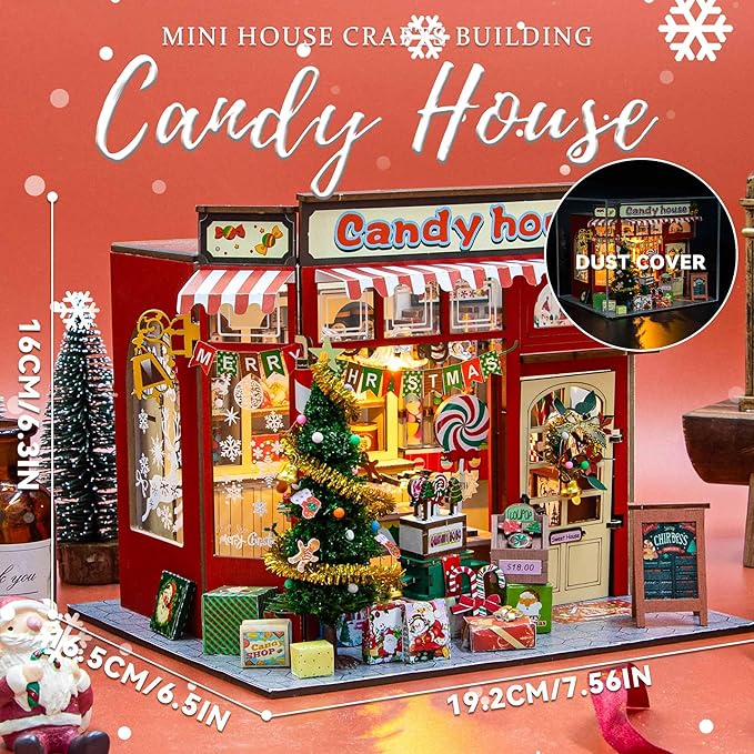 Flever DIY Miniature House Kit, Tiny Home Kit with LED Light, Mini House Build Craft Kits for Adults and Teens, Home Decor Creative Gift for Family/Friends (Christmas Candy House)