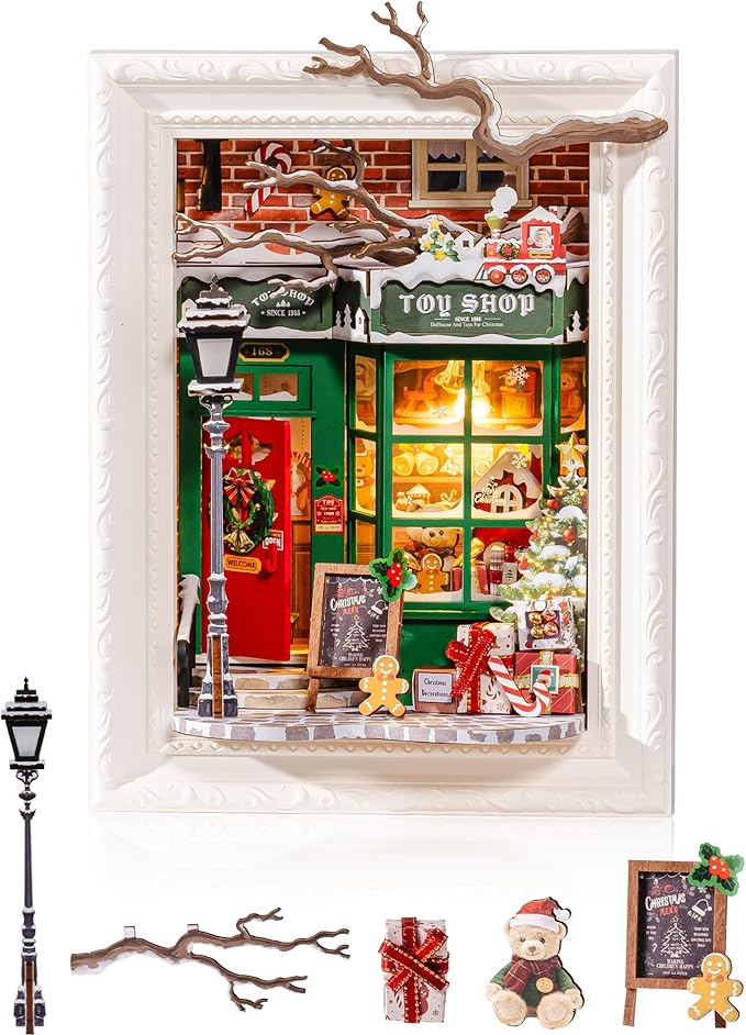 Rolife 3D Diorama Frame, Wall-Mounted Shadow Box & Dollhouse Display Case for & Christmas Decor, Quick-Build Unfinished Kit, Halloween Memorial Gift for Families (Santa's Toy Shop)