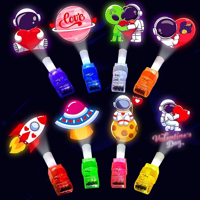 24PCS Video Game Party Favors LED Finger Lights, Glow in the Dark Light Up Toys Gifts Bulk for Kids Boys Girls Birthday Goodie Bags Stuffers Party Decorations (Game) (Valentine's Day Space)