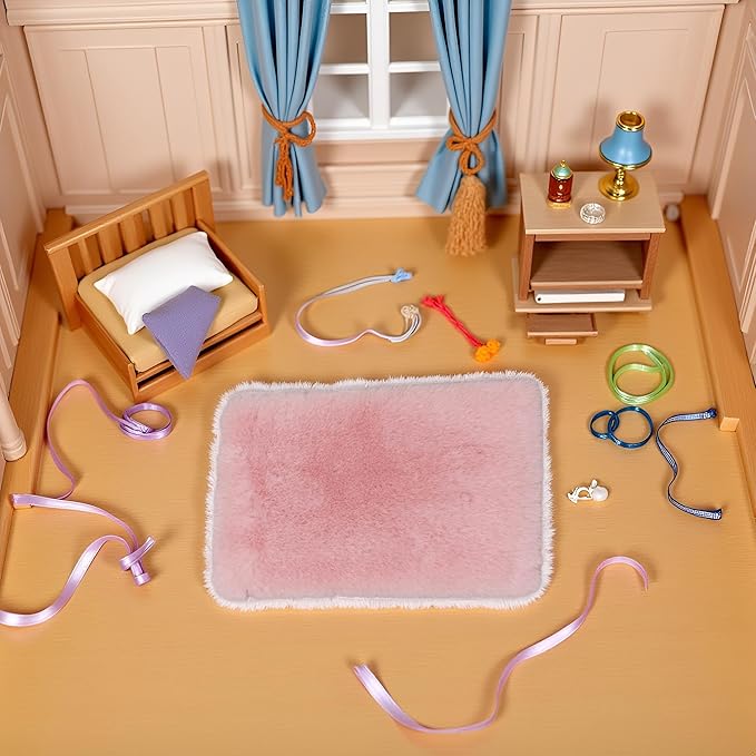 Pink Dollhouse Carpet, Dollhouse Miniature Carpet, Fluffy Mini Dollhouse Rug, Doll House Rug, Lightweight Dollhouse Decor for 1/12, 1/8, 1/6 (Square S)