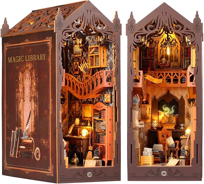 Book Nook Kit, DIY Dollhouse Booknook, Miniature House Kit for Adults and Teens, Library Tiny okshelf Decor, 3D Wooden Puzzle Bookends with Sensor Led Light, Gifts for Family, Friends