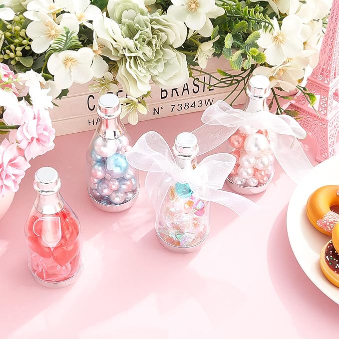 Cunhill 54 Pieces Champagne Candy Bottles Bridal Shower Favors Mini Bottle for Baby Shower Bulk Small Plastic Wine Alcohol Containers for Wedding Birthday Party(Silver)