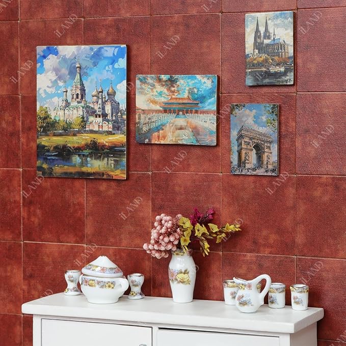 iLAND 1/12 Scale Accessories, 4 Miniature Dollhouse Pictures of Famous Architecture w/Boards