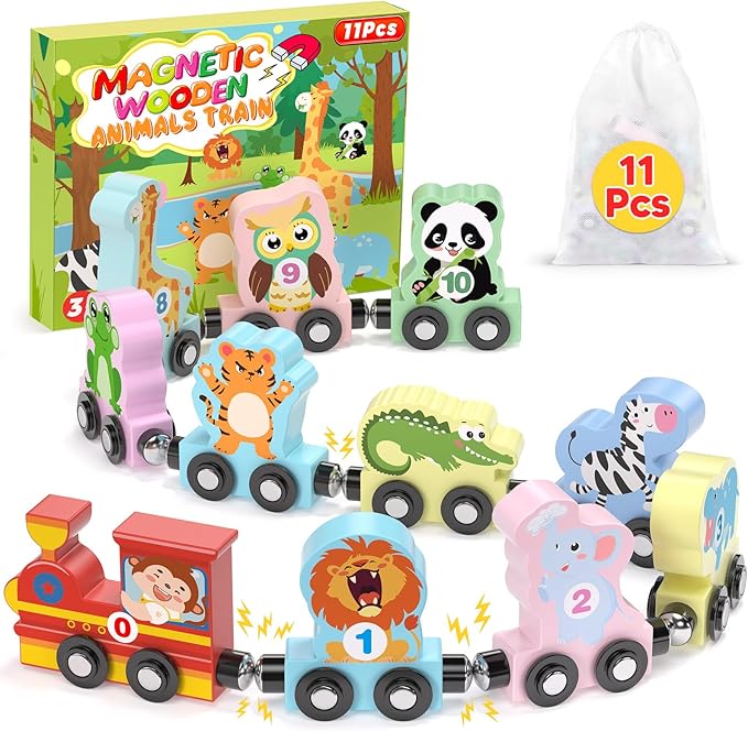11 Pcs Magnetic Train Set Montessori Toys for Toddlers Boys Girls, Wooden Animals Preschool Learning Activities Educational Sensory Toys Stocking Stuffers Birthday Gifts