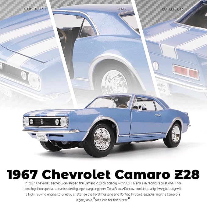 1967 Chevy Camaro Z28 1:18 Scale Diecast Model Premium Alloy Sports Toy Cars with Display Case, Working Steering, for Kids Men and Teens Dad 14+ Year