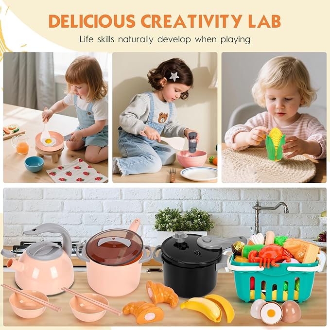 130Pcs Kitchen Playset, Toddler Pretend Cooking Play Pots, Pans, Utensils Cookware, Daily Food Fruit Veges, Shopping Storage Basket, Dessert, Prop Money, Learning Gift for Child (Pink)