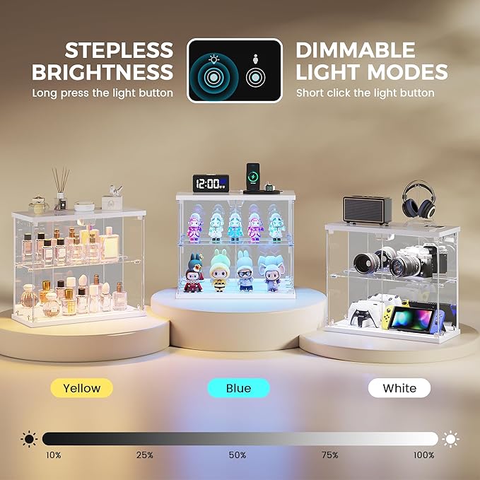 2pcs LED Clear Glass Display Case - for Figures & Collectibles, Small 2-Tier Display Cabinet with Charging Station, Display Box with Lights & Human Sensor, for Model Car, Perfume, White