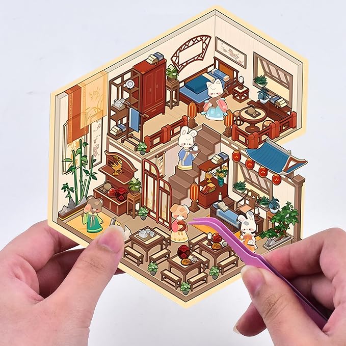 DIY 3D Fun House Stickers, 4 Sets Miniature Cute Rabbit Room Scene Stickers Make Your Own Mini Vintage Building Sticker Scenes for Adult Relief Stress Pass The Time