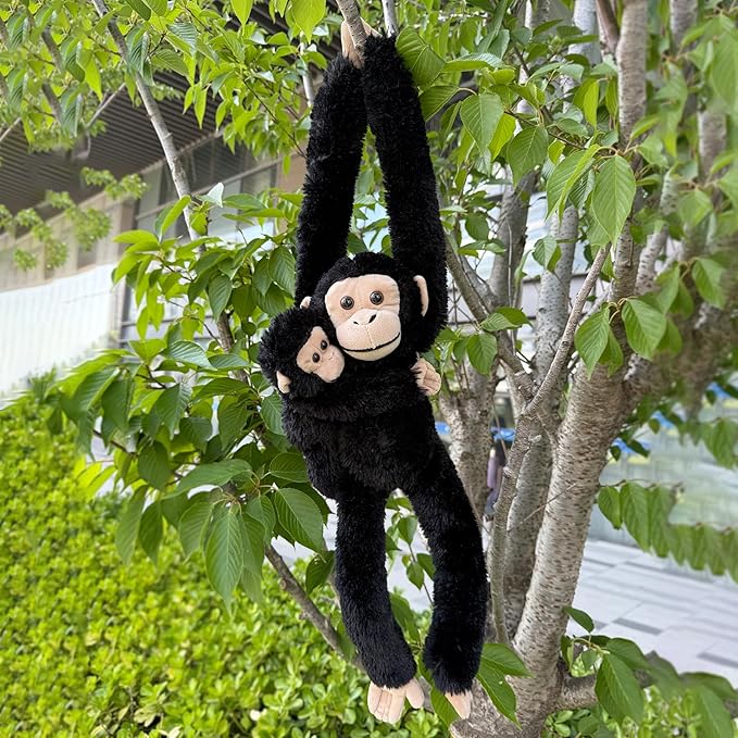 2pcs Chimpanzee Hanging Stuffed Animal Mother with Baby Hangs Plush Toys, Hooks and Stuffed Animals with Rings for Kids, Gifts for Boys and Girls（Black）