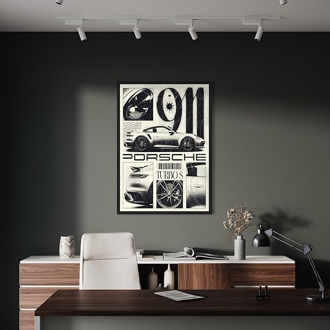 Canvastoria Porsche 911 Turbo S Canvas Wall Art | Black & White Automotive Poster Print | Luxury Sports Car Decor