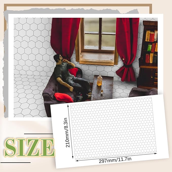 Flutesan 12 Pcs Miniature Dollhouse Wallpaper and Flooring Peel and Stick Mini DIY Self Adhesive Dollhouse Accessories 8.27 x 11.69 Inch (Hexagonal Grid)