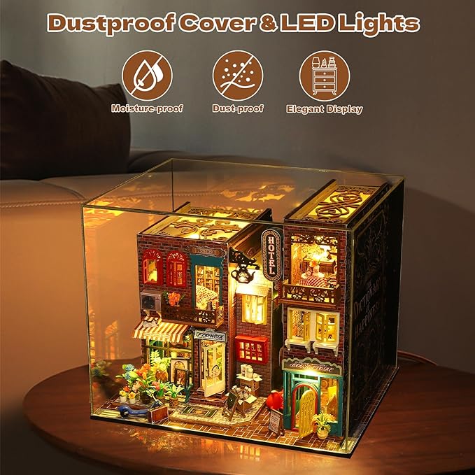 DIY Miniature House Kit, Tiny 3D Wooden Street Scene, Mini Dollhouse Bookshelf Decor Kit with Dustproof Cover & Music Movement, Creative House Craft for Adults, Gift for Family and Friends