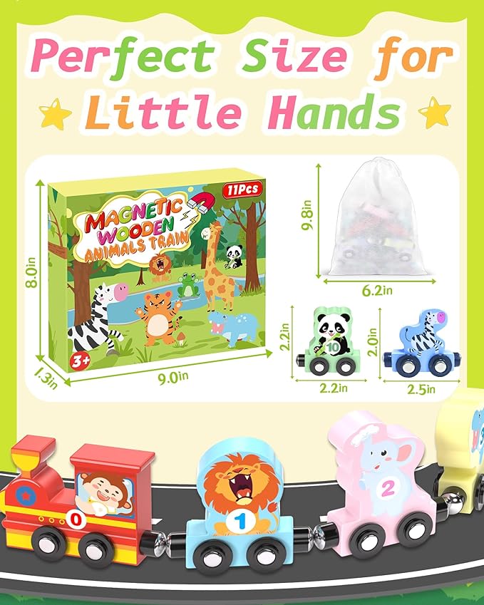 11 Pcs Magnetic Train Set Montessori Toys for Toddlers Boys Girls, Wooden Animals Preschool Learning Activities Educational Sensory Toys Stocking Stuffers Birthday Gifts