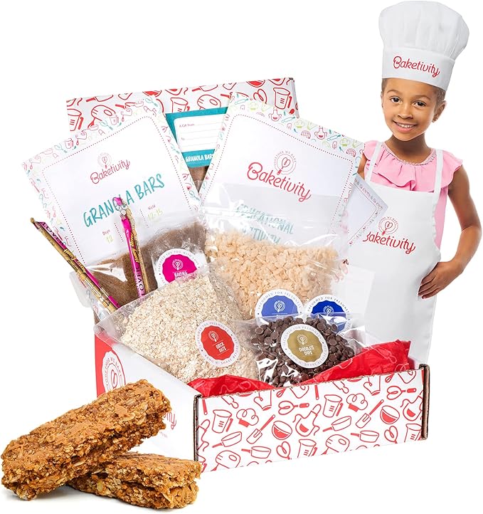 Baketivity Kids Baking DIY Activity Kit - Bake Delicious Healthy Granola Bars with Pre-Measured Ingredients – Best Gift Idea for Boys and Girls Ages 6-12 – Includes Free Hat and Apron