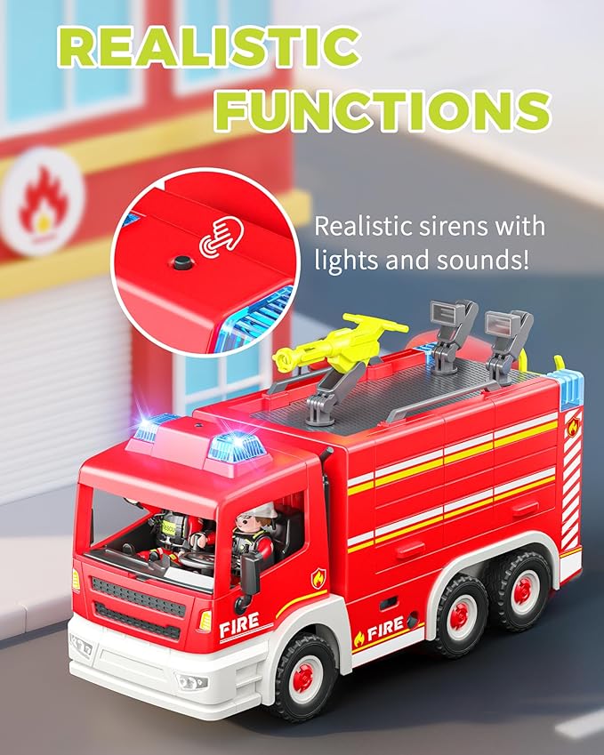 Large Fire Truck Toy with 2 Firefighters & Rescue Tools, Lights & Siren Sounds, Assemble Fire Rescue Truck Vehicle Toy for Boys Girls 3+, Christmas Birthday Gift