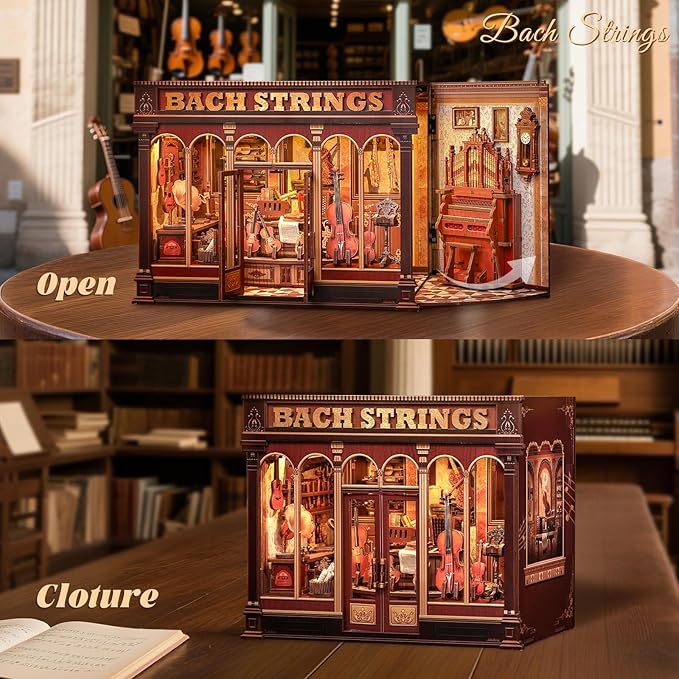 Fsolis Book Nook Kit - DIY Scene Miniature Dollhouse Kit for Adults, Bookshelf 3D Puzzles Booknook Music Tiny House Mini Room Craft Bookshelf Decor Gifts for Women Book Lovers (Bach Strings)