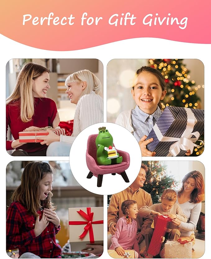 Miniature Frog Eating Cake Figurine - Funny Shelf Desk Decoration - Perfect Cute Frog Gift (Pink Sofa)