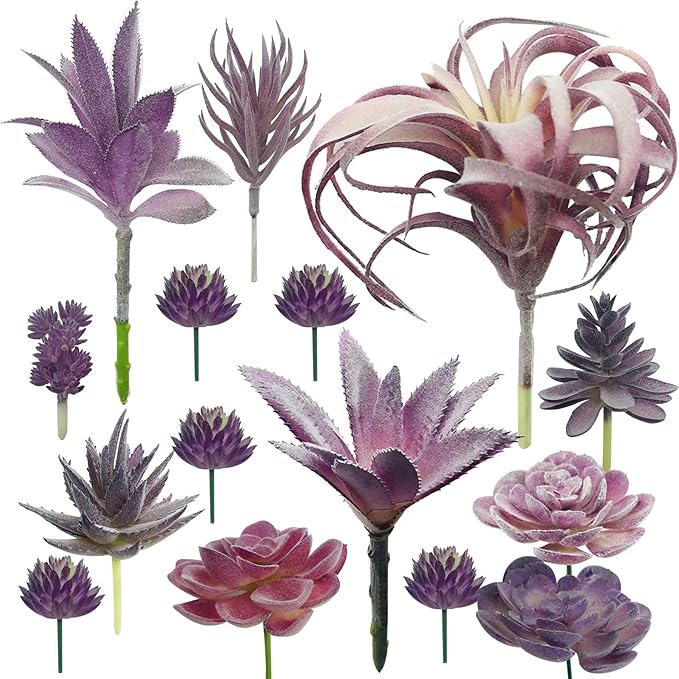 Cayway 15 PCS Artificial Succulent Plants, Fake Succulent Purple Unpotted Faux Succulent Assortment in Flocked Blue in Different Type for Birthday Home Decor Indoor Wall Garden DIY