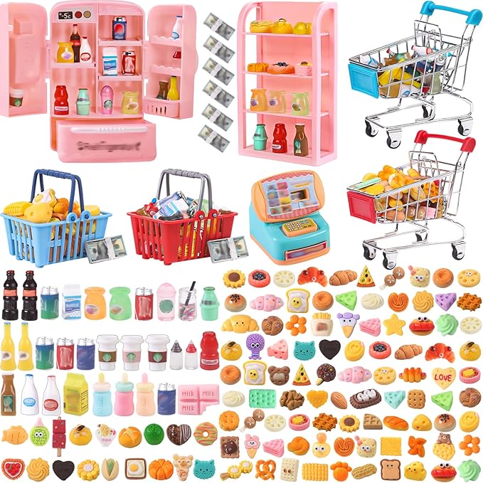 143pcs Mini Shopping Cart Basket Miniature Food Drink Bottle Toys, Supermarket Shelve Metal Handcart Cash Register for Dollhouse Store AccessoryPretend Play Cosplay Game Kids Party Favor
