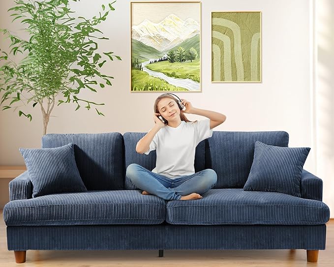Kidirect 87in Corduroy Couch, Sofa No Tool Assembly, Comfy Couches for Living Room 21in Deeper Seats, Corduroy Sofas for Living Room with 2 Pillows, Oversized Loveseat Sofa, Boho Love Seat Blue Couch