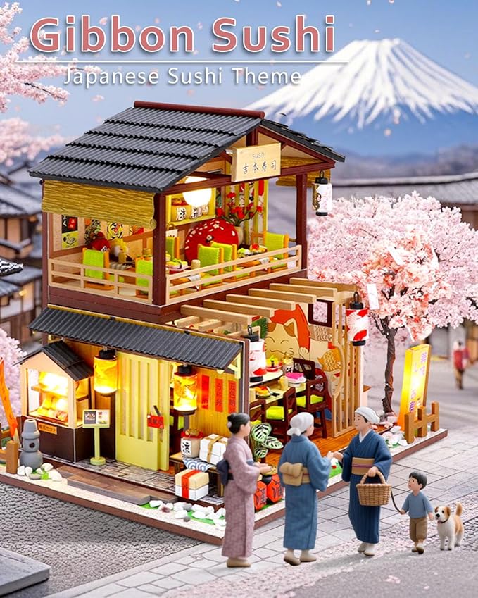OurMiao Miniature House Kit – Gibbon Sushi, DIY Wooden Dollhouse for Adults with LED & Furniture, Tiny House Craft Gift for Teens Families Friends