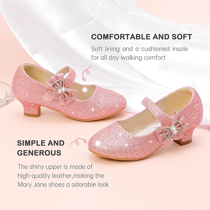 Dufannie Girls Dress Shoes Low Heel Princess Flats Mary Jane Flower Wedding Party Glitter Shoes for Kids Toddler
