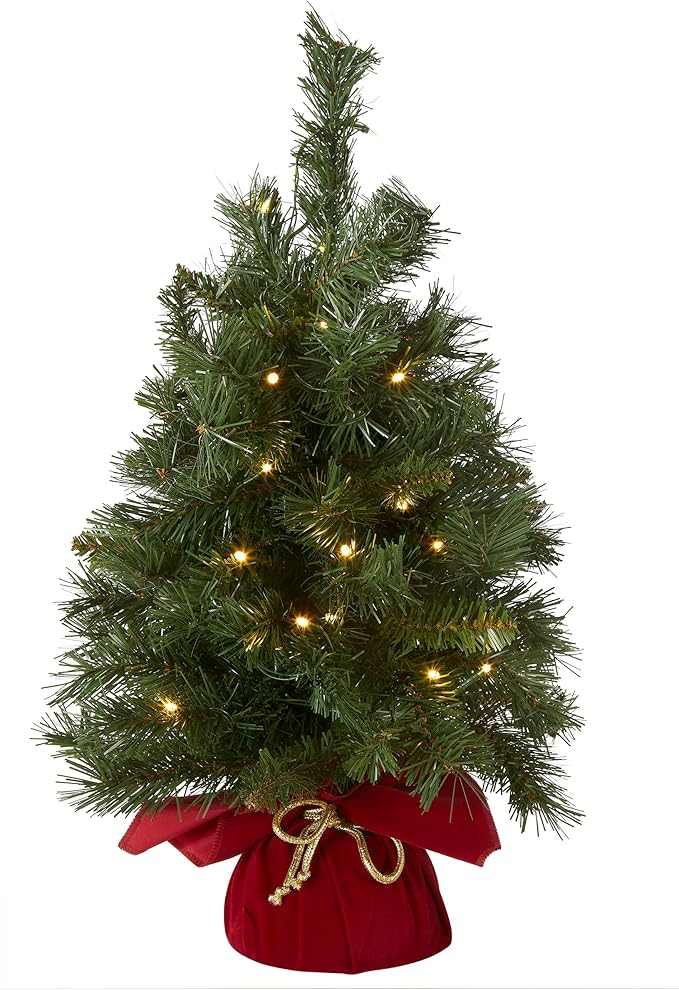 National Tree Company 24 in Pre-Lit Majestic Fir Mini Artificial Christmas Tree, 35 Warm White LED Lights, 71 Tips, Red Cloth Base, Timer, Green