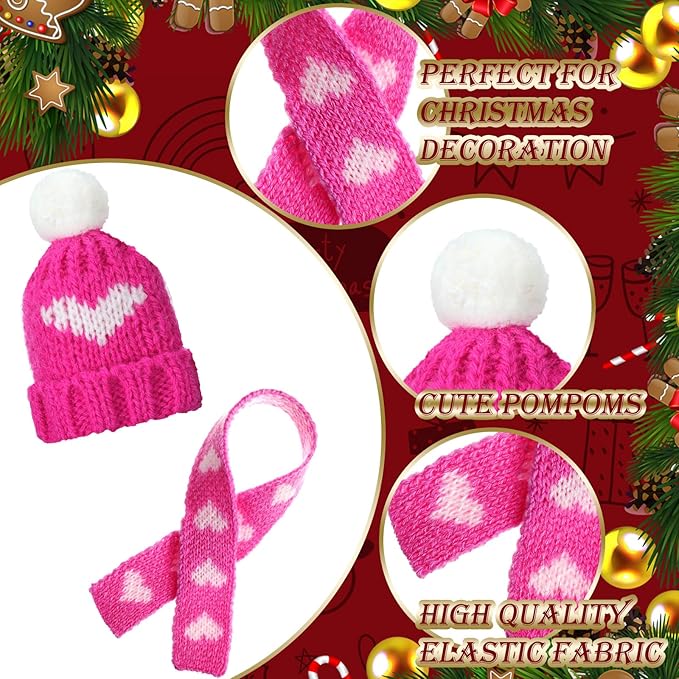Geyoga 16 Pcs Mini Knit Doll Hat Valentines Day Small Santa Hat for Craft Winter Mini Snowman Hats and Scarf Tree Ornaments Snow Stripe Heart Wine Bottle DIY Decor Gifts
