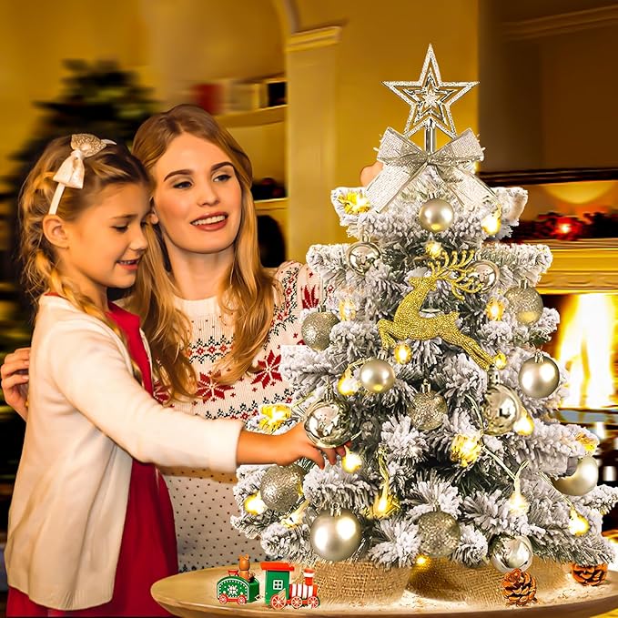 KOIUEYW Mini Christmas Tree Prelit, Small Artificial Christmas Tree with Lights, Pre Lit Little Decoration for Table Top Home Cafe Office, Snow Flocked