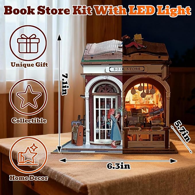 3D Wooden Puzzles Book Nook Kits for Adults Miniature House Building Kits, DIY Tiny Wooden Crafts Model Bookshelf Decor with LED Lights, Gifts for Family, Friends, Christmas(Bookstore)