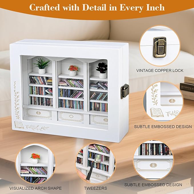 Anxiety Bookshelf with 200 Mini Books, Mini Library Decor, Shake Away Your Anxiety, Includes 1 Bookshelf, 3 Plant Flowers, and 1 Tweezers, Perfect for Book Lovers, Students, Family, and Friends