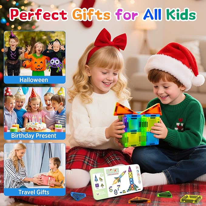 50PCS Mini Magnetic Tiles Travel Set, Magnetic Blocks Building Toys for Kids, Portable STEM Travel Toys for Toddlers, Boys & Girls Birthday Xmas Gifts