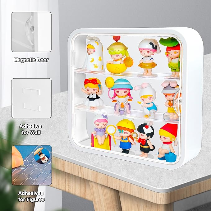 Display Case for Figures, 3 Tiers Clear Wall-Mounted Doll Storage Box, Acrylic Dustproof Action Figure Display Case with Magnetic Door Fit for Collectibles Mini Toys Lego Pop Mart, White