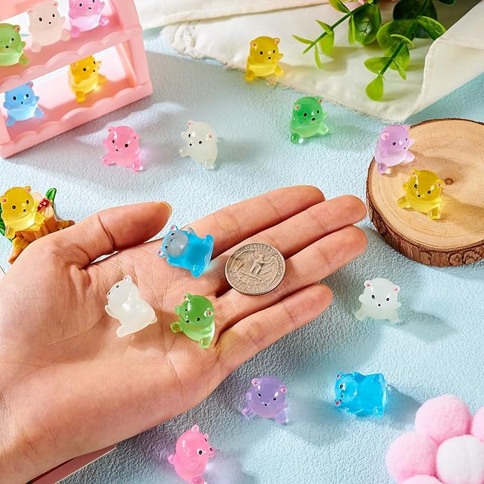 Beadthoven 24Pcs Luminous Mini Resin Bears, Glowing Gummy Bear Animals Miniature Sculpture Dollhouse Figurine Colorful Cute Cabochons Small DIY Charms Micro Fairy Garden Craft Landscape Ornaments